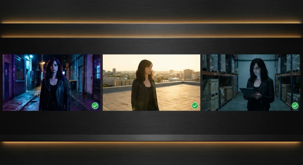 Skia consistency engine showing the same character maintaining identity across multiple scenes